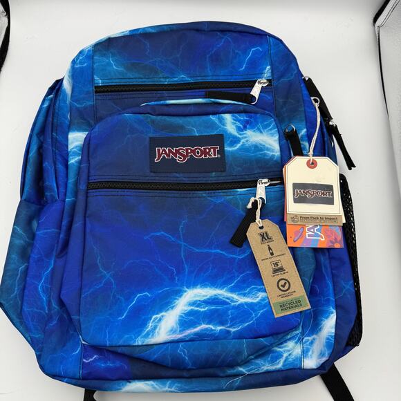 JanSport Big Student Backpack Blue Lightning Print NWT Durable 17.5” School Bag - Picture 1 of 4